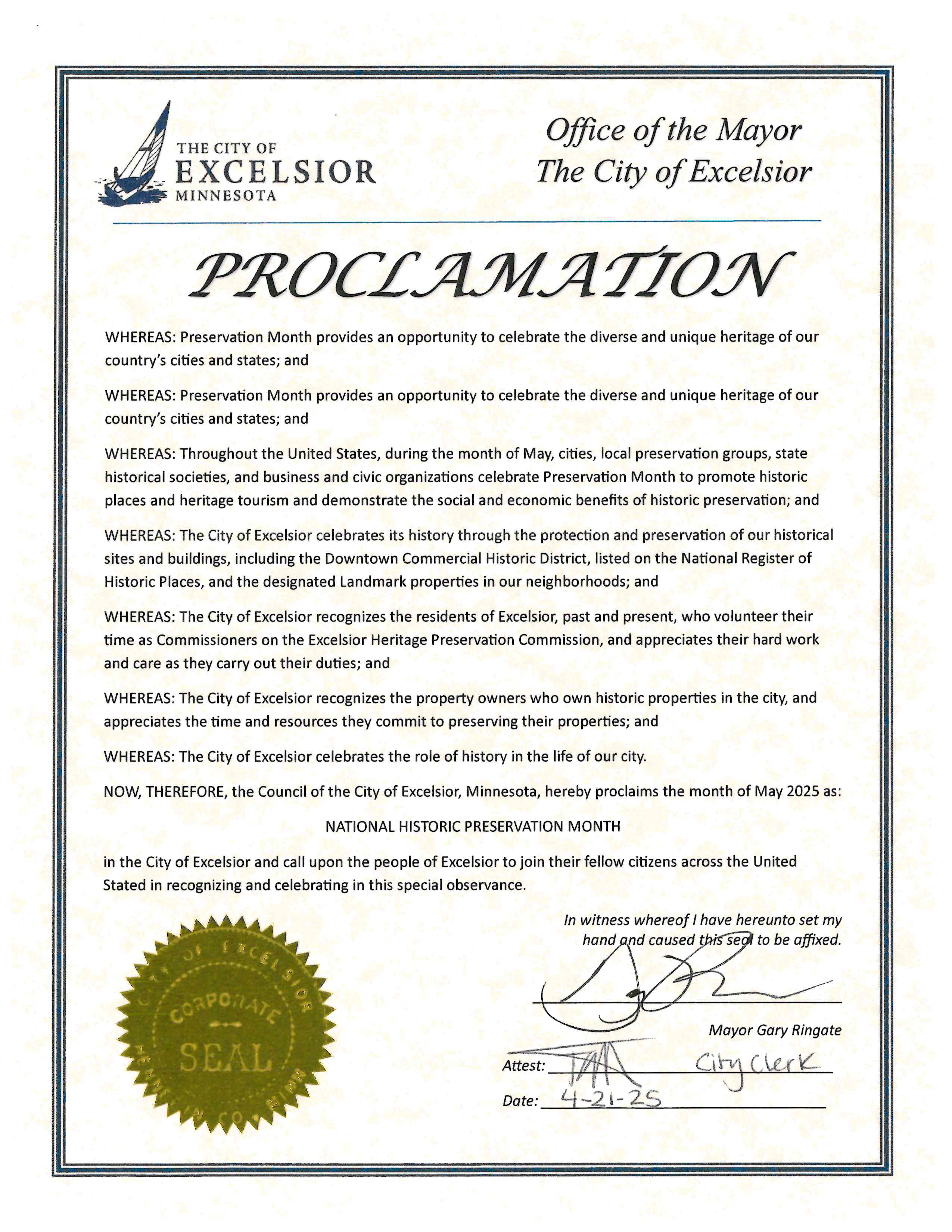Signed Proclamation - Historic Preservation Month